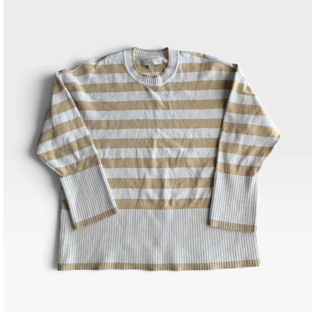 LOFT Womens Tan White Striped Crewneck Sweater Size M Cotton Blend